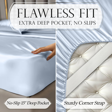 Decolure satin sheets baby blue 15-inch deep pocket fits thick mattresses.