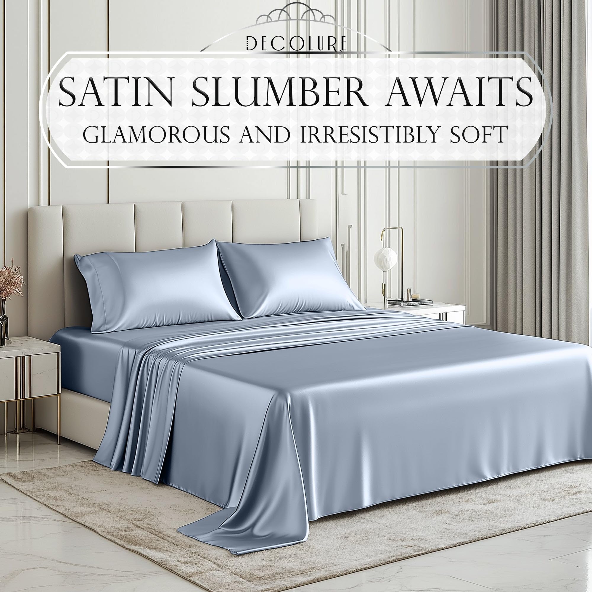 Decolure satin sheets baby blue fitted sheet with a deep pocket.