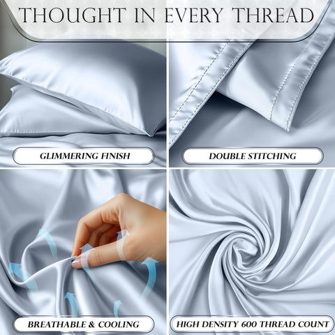 Decolure satin pillowcase in baby blue reduces friction on hair.