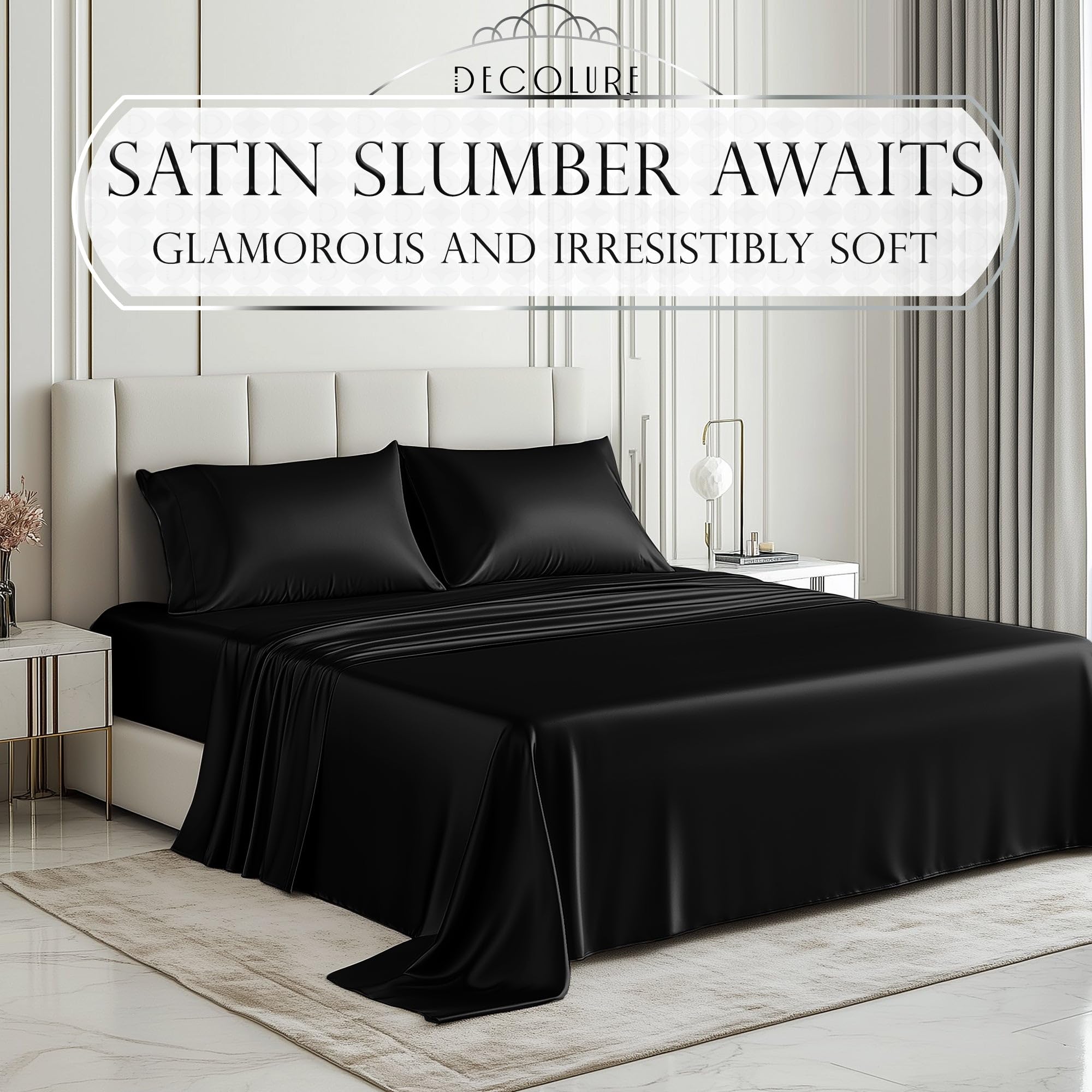 DECOLURE satin sheets closeup silky fabric showing glossy finish for skin-friendly comfort