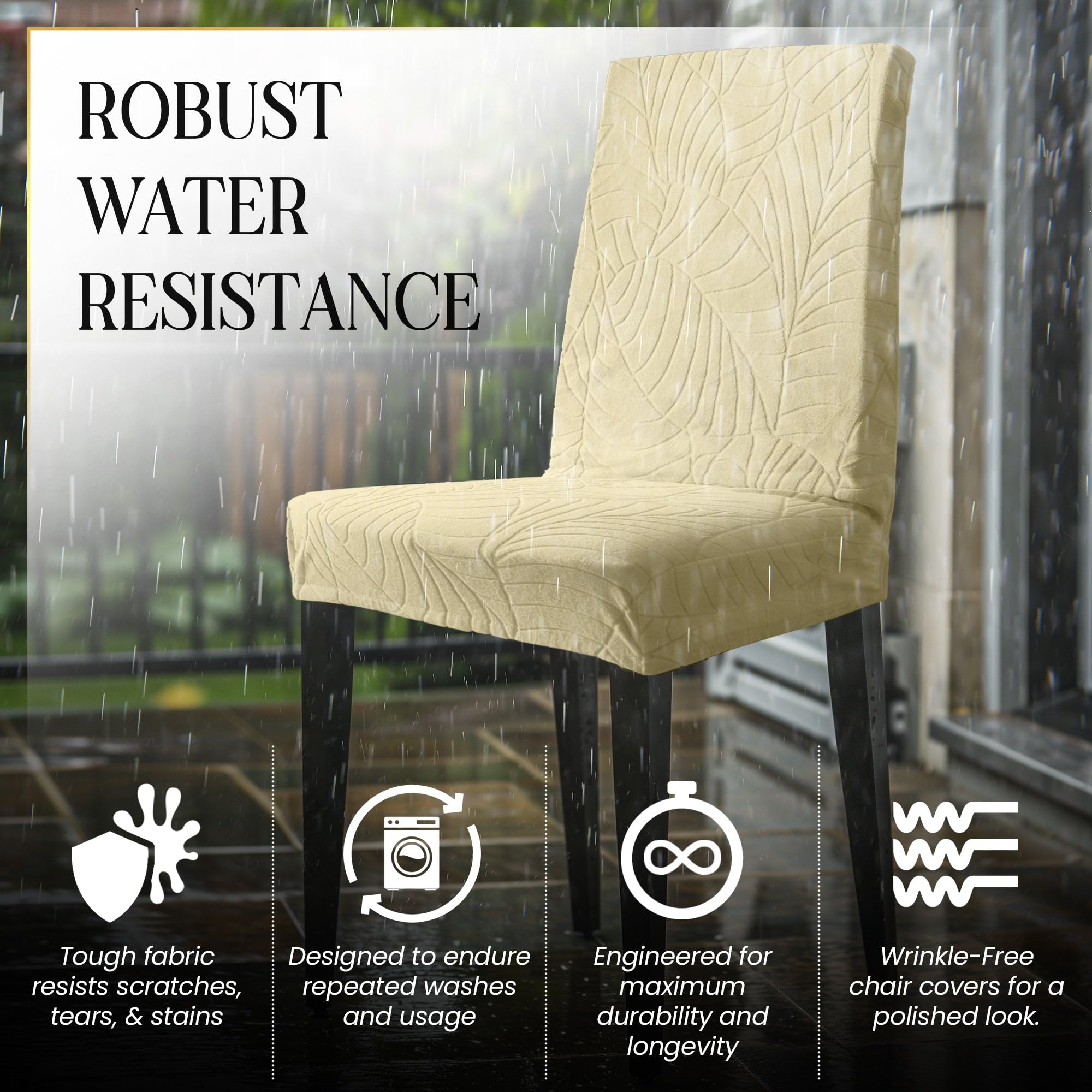 Adjustable straps on the beige cover help secure high-back Parsons chairs