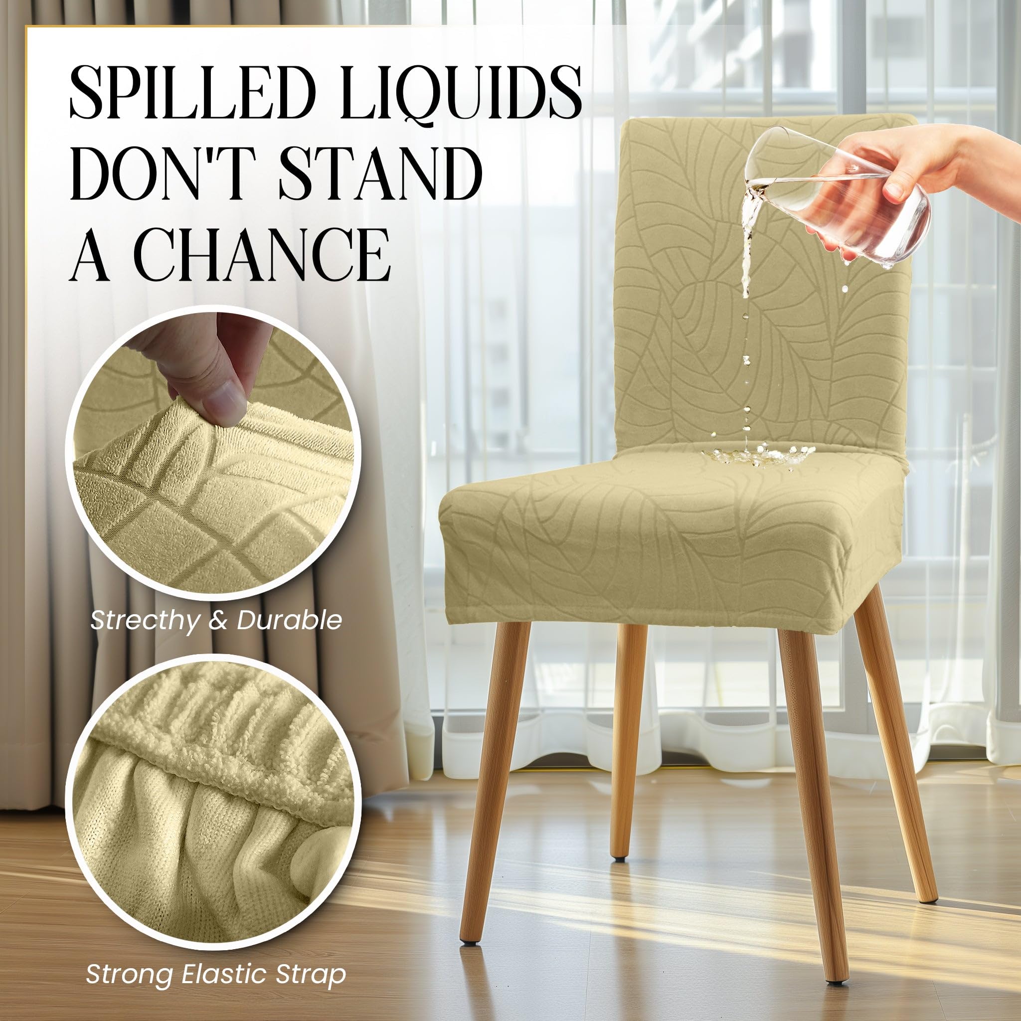 Close-up of beige fabric highlights soft, durable three-layer construction