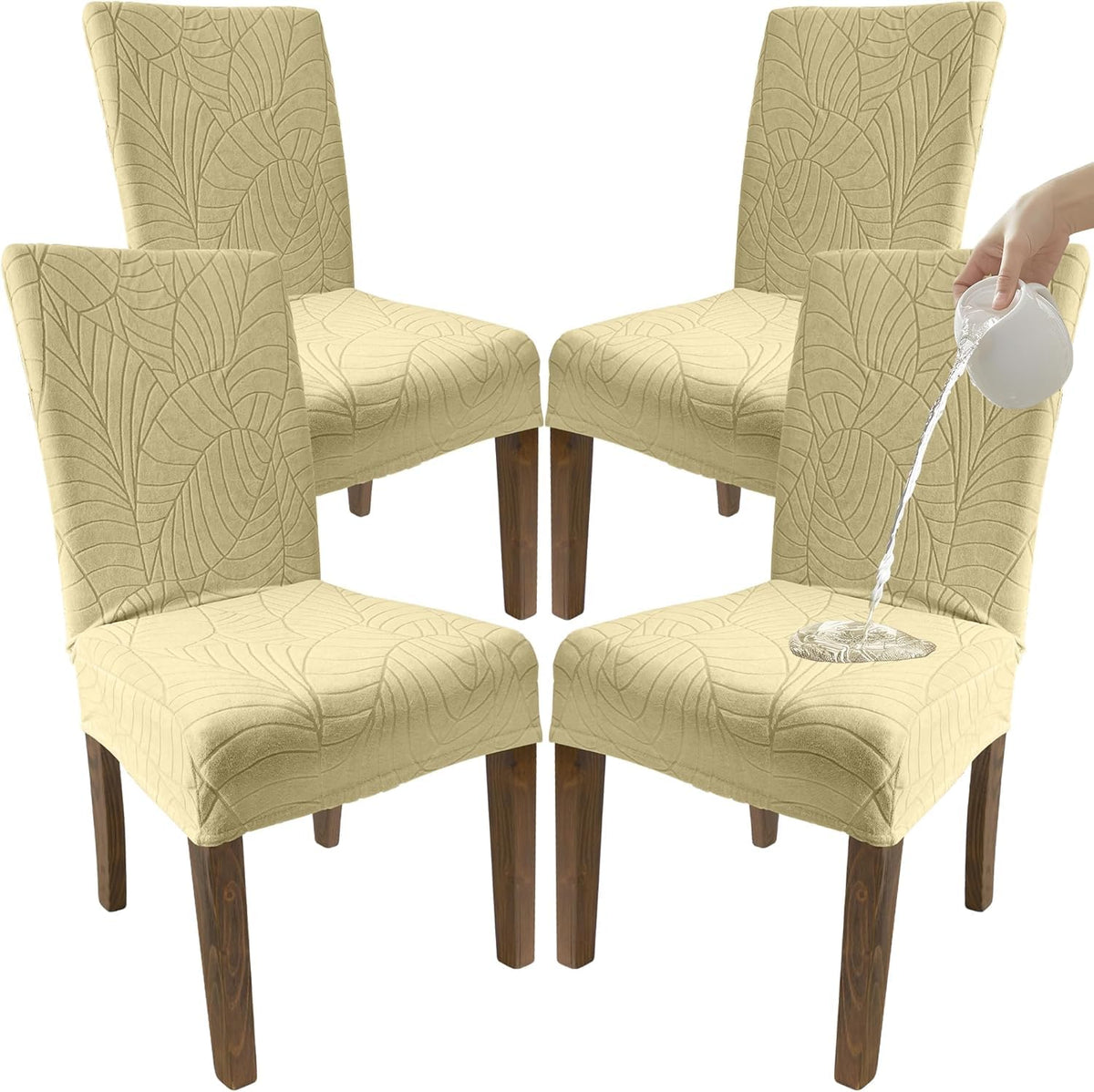 DECOLURE waterproof dining chair cover in beige front view shows a sleek, fitted look