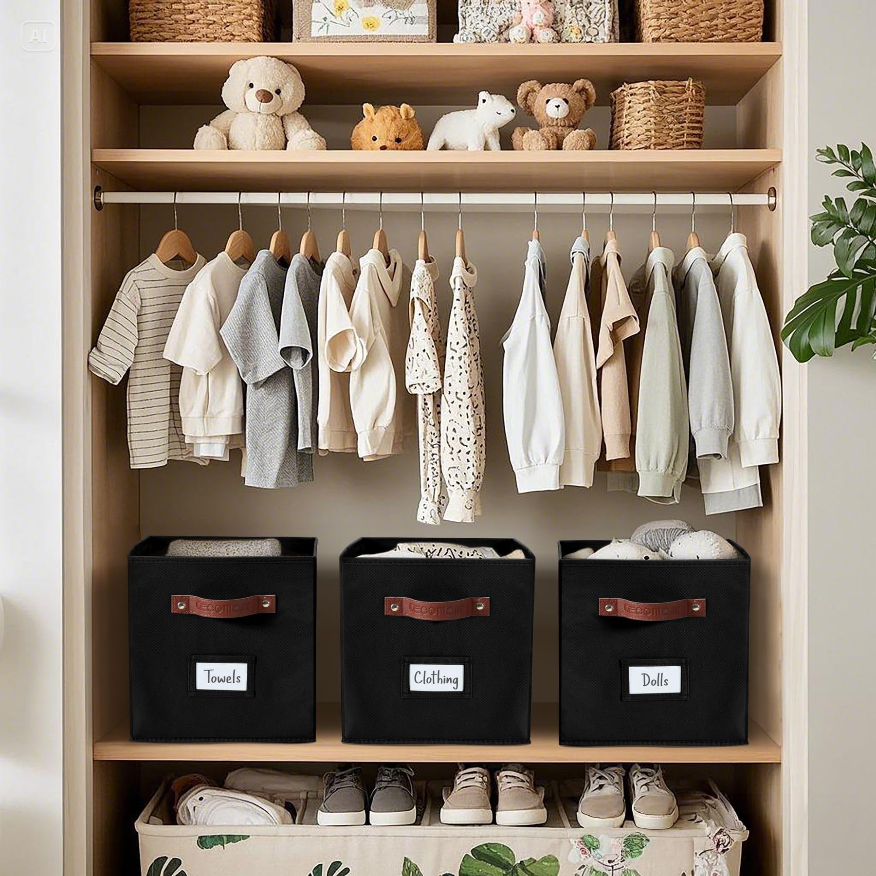 DECOMOMO bins on shelf organizing clothes and toys neatly
