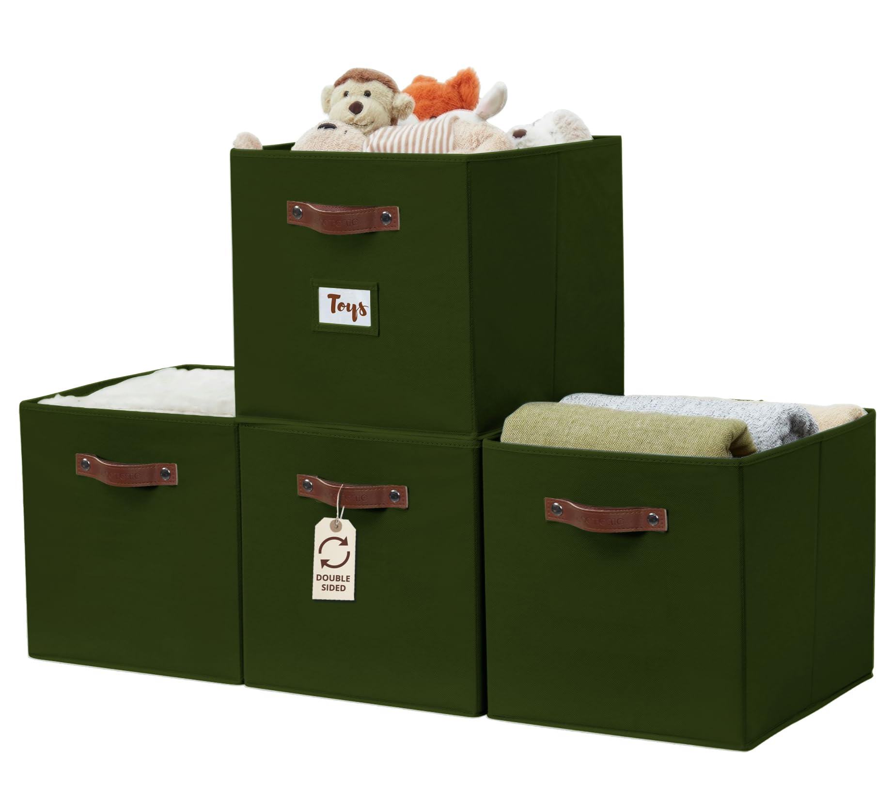 DECOMOMO Kallax basket olive green side view shows sturdy construction for easy storage
