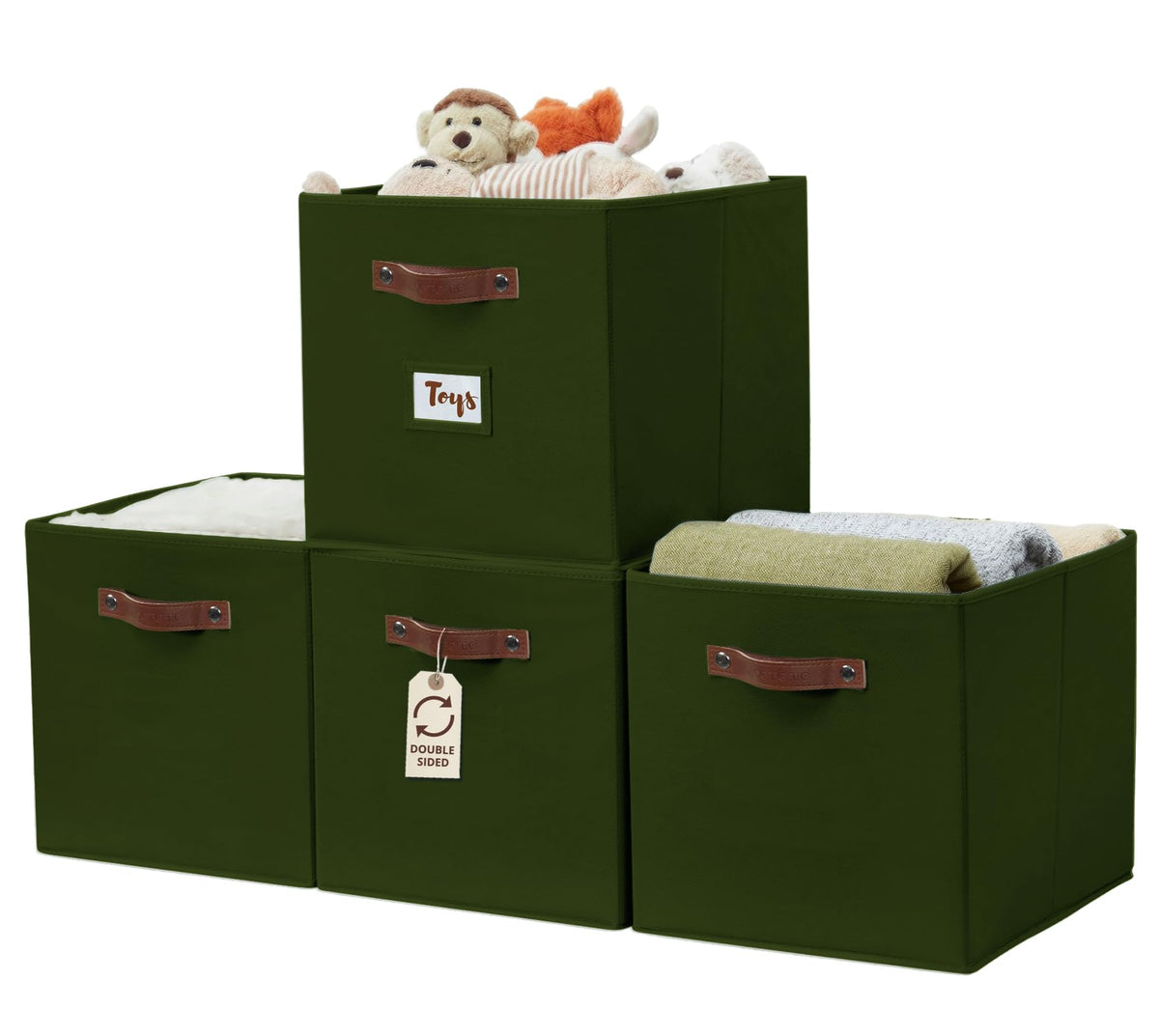 DECOMOMO Kallax basket olive green side view shows sturdy construction for easy storage