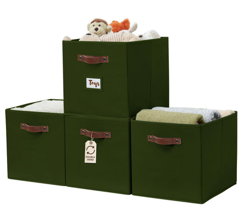 DECOMOMO Kallax basket olive green side view shows sturdy construction for easy storage
