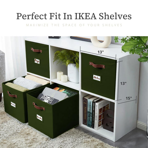 DECOMOMO olive-green basket on Kallax shelf shows versatile placement
