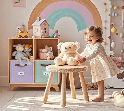 DECOMOMO rainbow storage cubes great for clothes organization on closet shelves.