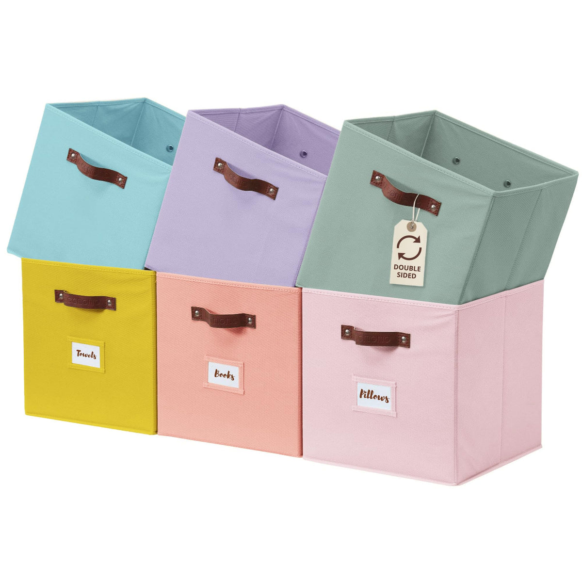 DECOMOMO rainbow storage cubes front view with bold colors for quick item identification.