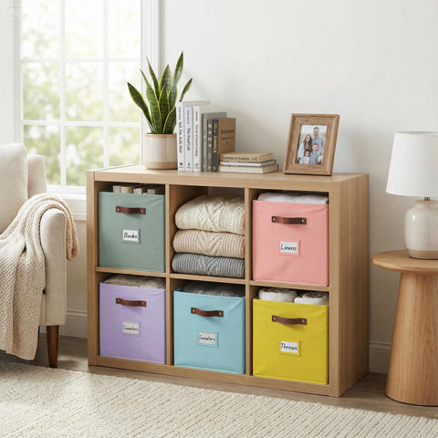 DECOMOMO rainbow storage cubes fit neatly in IKEA-style shelves for space optimization.
