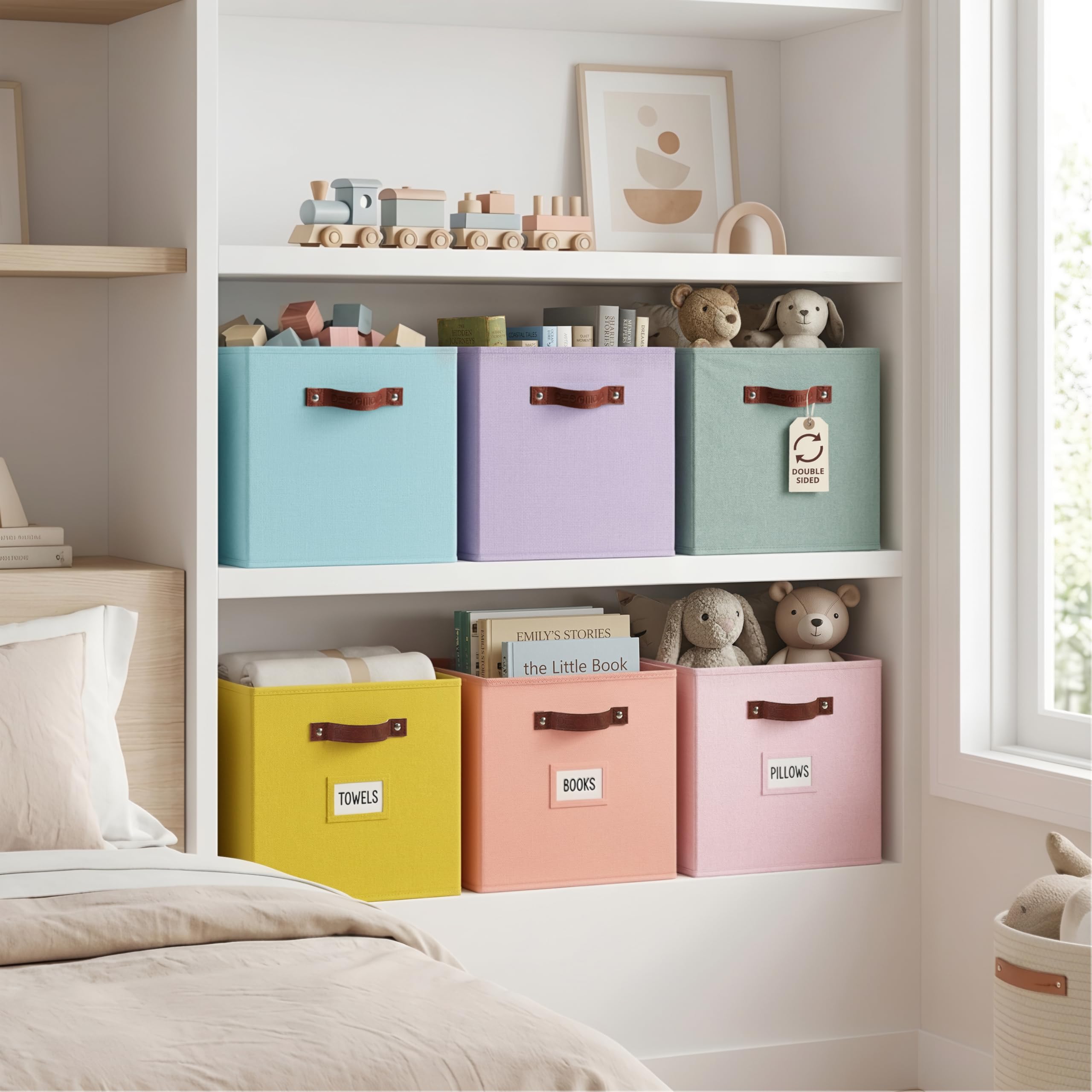DECOMOMO rainbow storage cubes side handles for easy carrying and dual-face use.