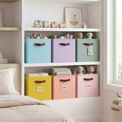 DECOMOMO rainbow storage cubes side handles for easy carrying and dual-face use.