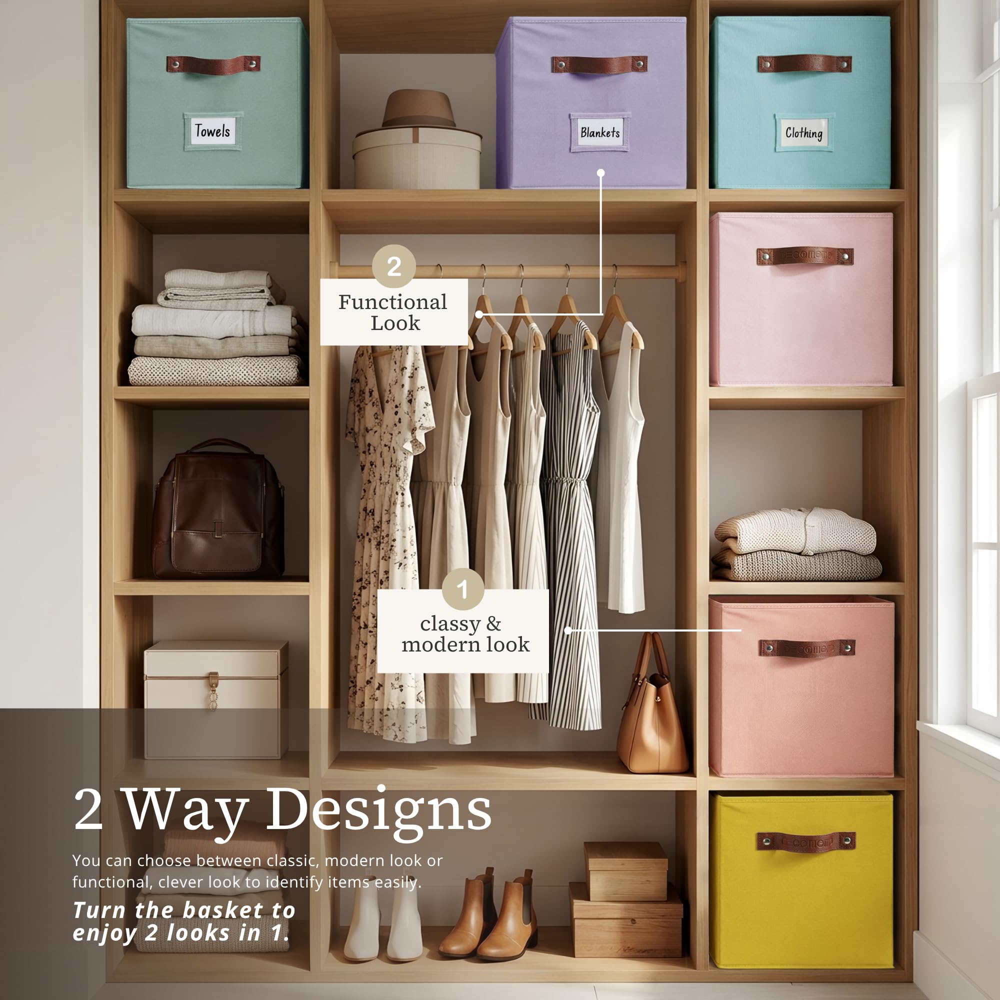 DECOMOMO rainbow storage cubes stacked neatly on a shelf for tidy organization.