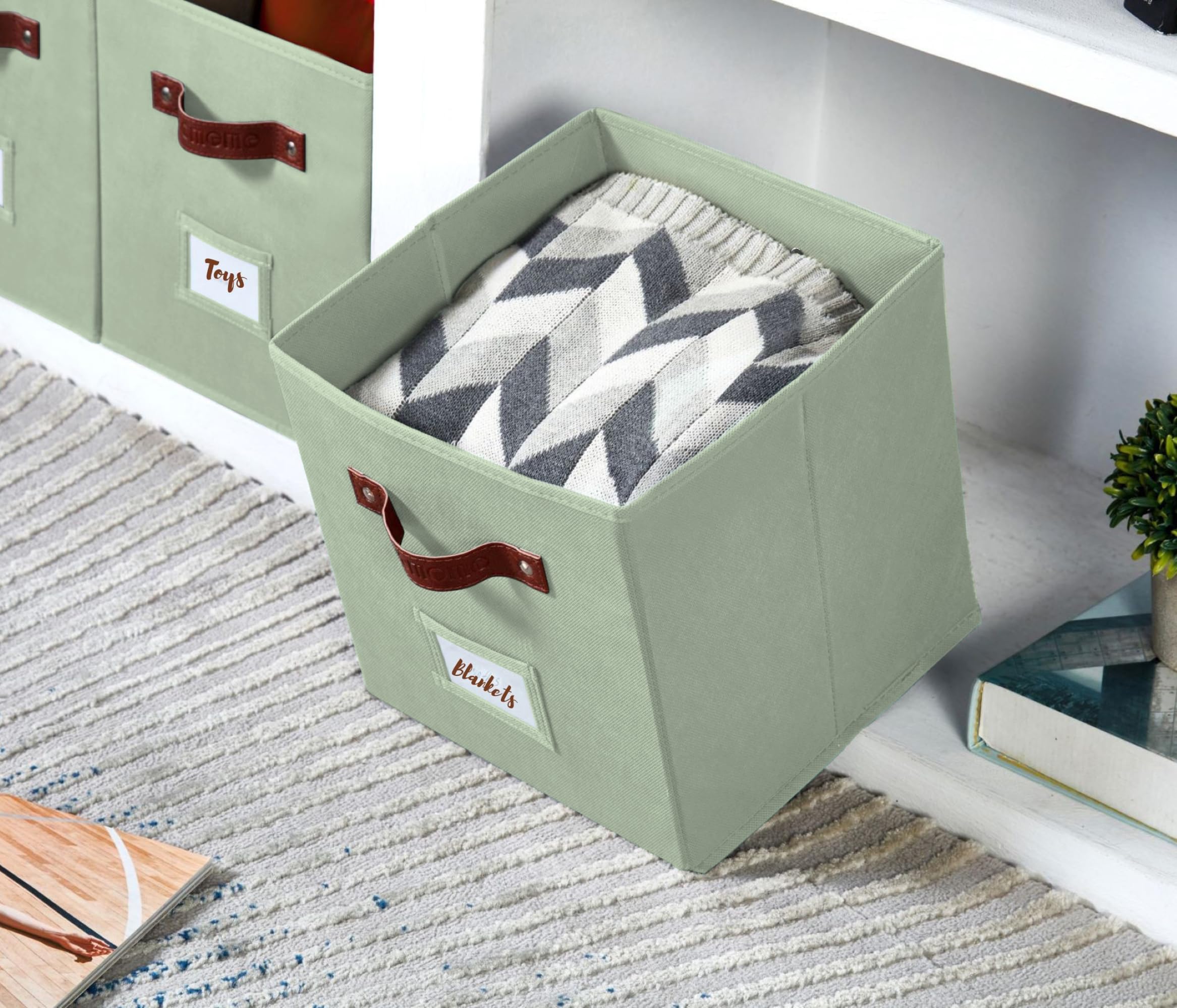 DECOMOMO closet organization setup using sage green storage bins