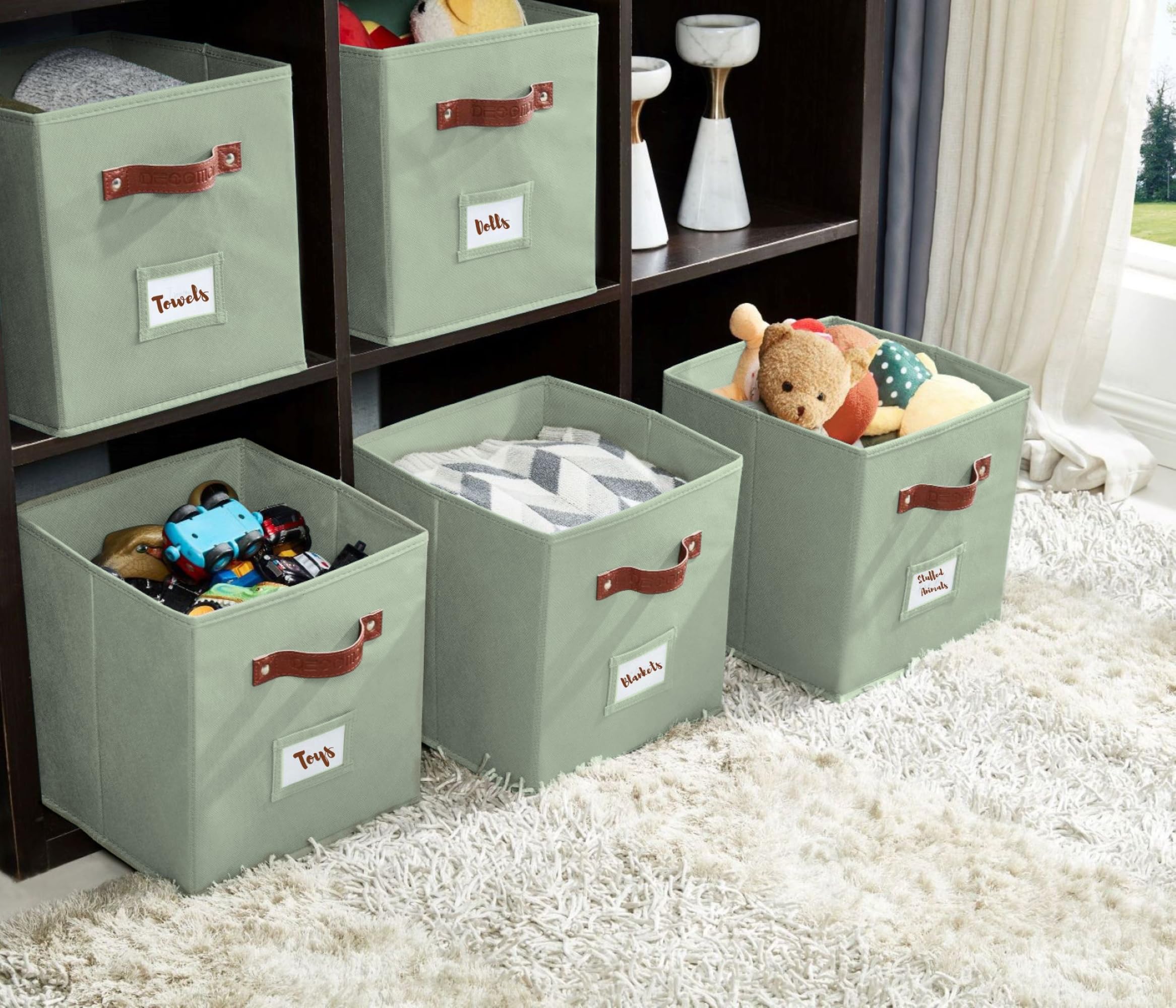 DECOMOMO sage green storage bin tidying a bedroom space