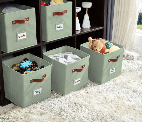 DECOMOMO sage green storage bin tidying a bedroom space
