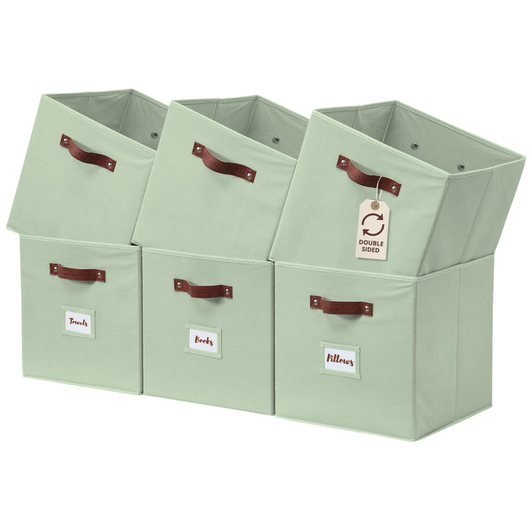DECOMOMO sage green storage bins on shelf for tidy organization