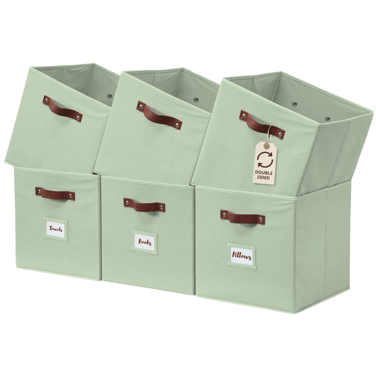 DECOMOMO sage green storage bins on shelf for tidy organization