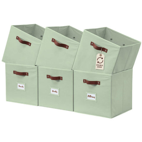 DECOMOMO sage green storage bins on shelf for tidy organization