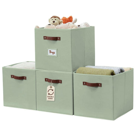 DECOMOMO sage green storage basket with front label holder for easy shelf organization.