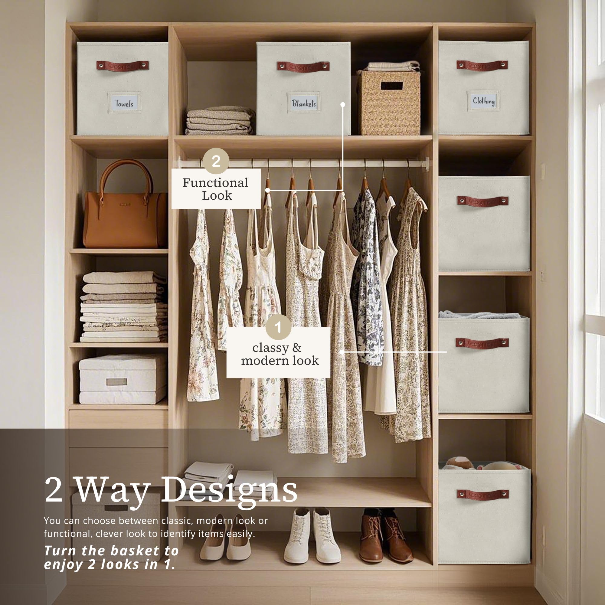 DECOMOMO storage bins beige stacked on shelf declutter living room