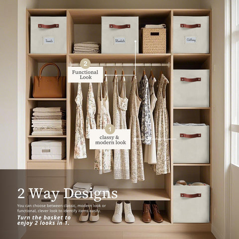 DECOMOMO storage bins beige stacked on shelf declutter living room