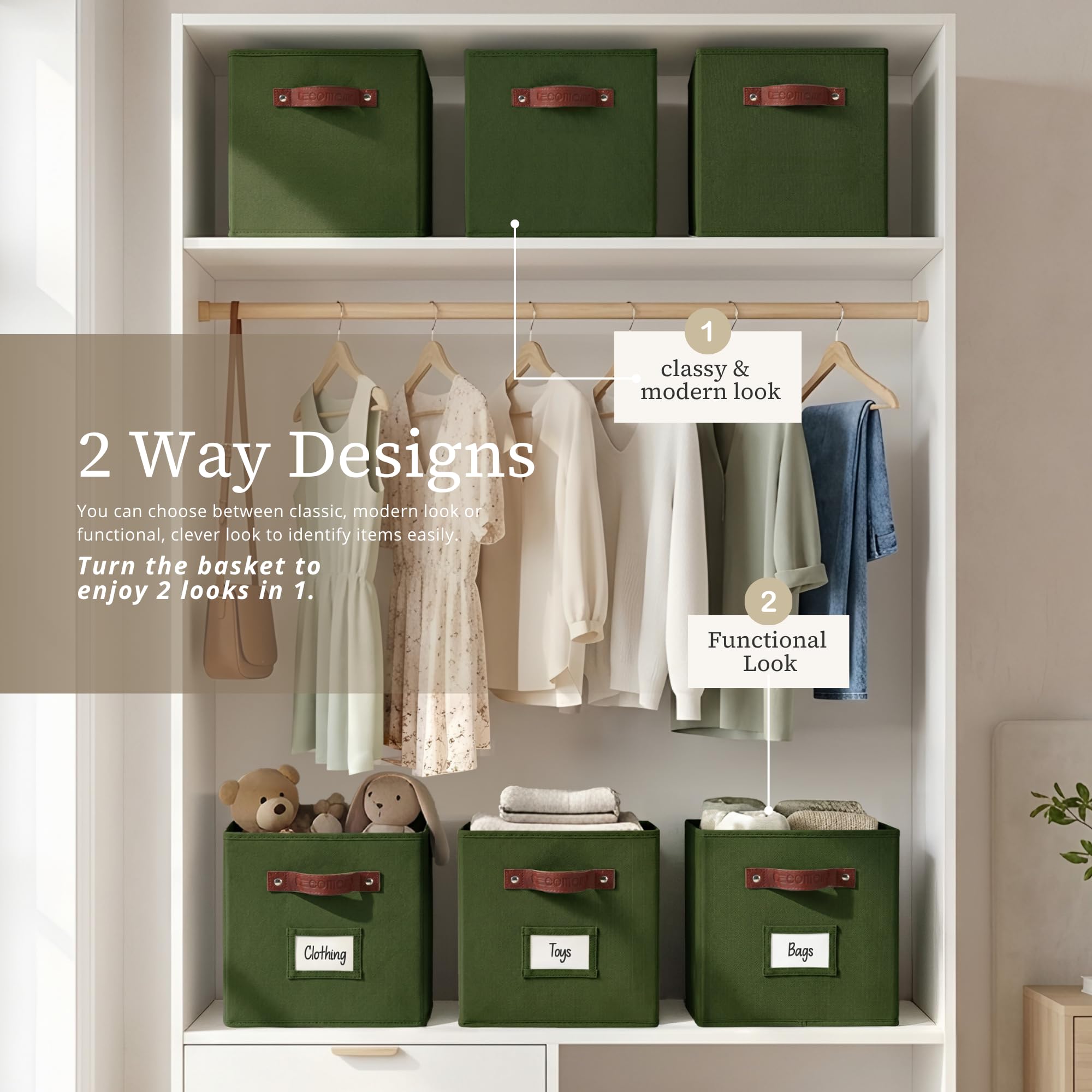 DECOMOMO back view of olive-green cube bin for versatile placement.