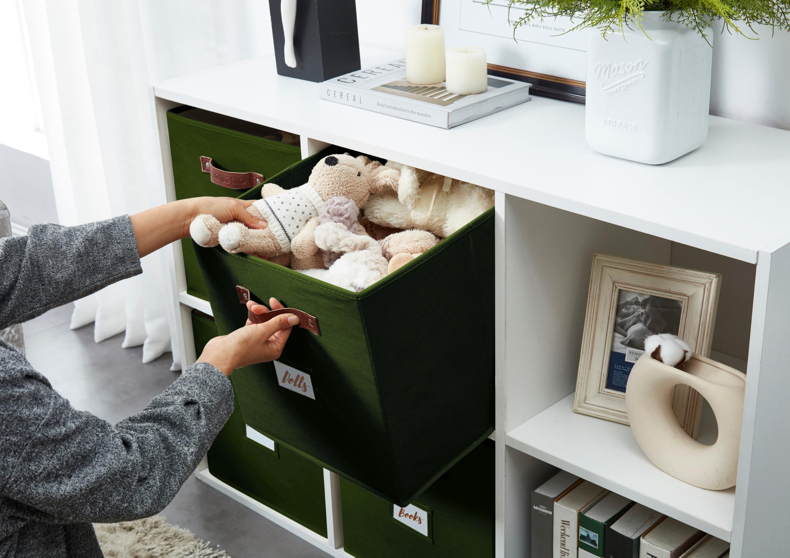 DECOMOMO olive-green bin suited for toy closet organization.