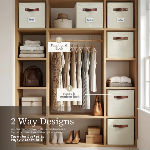 DECOMOMO storage cubes measure 13 inches to fit standard shelving.