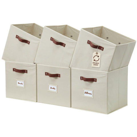 DECOMOMO storage cubes 6-pack beige front view with label pockets for organization.