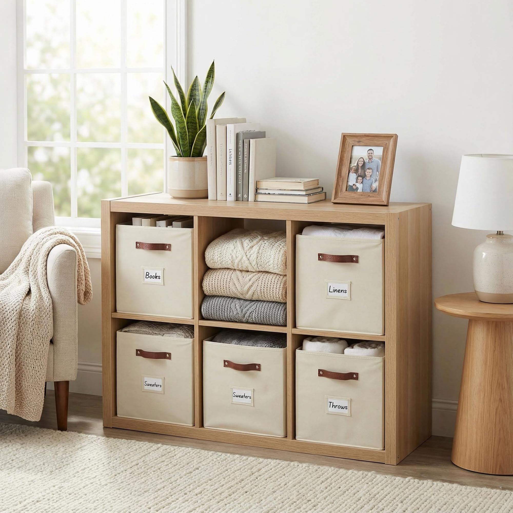 DECOMOMO storage cubes dual handles design enables easy lifting from shelves.