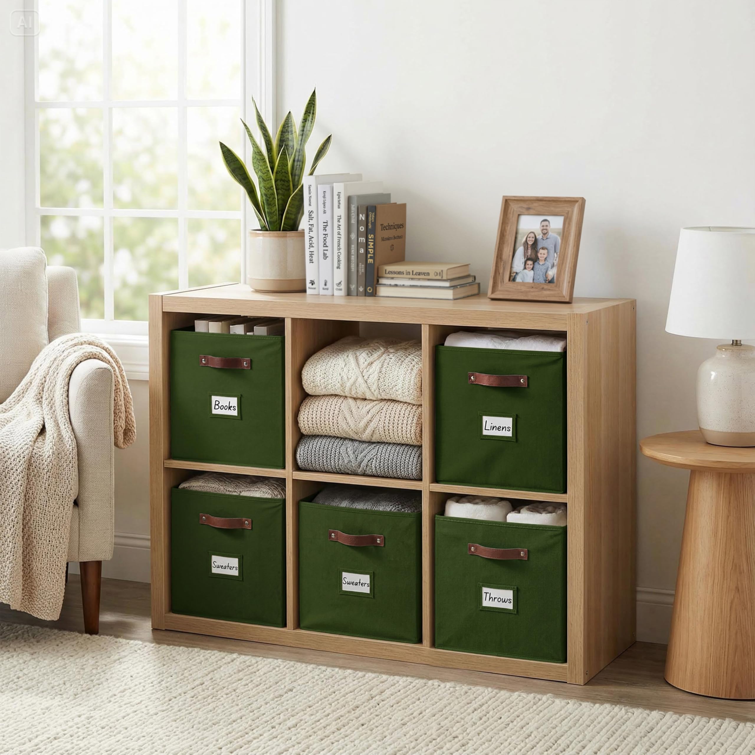 DECOMOMO storage cubes olive green with dual handles for easy access.