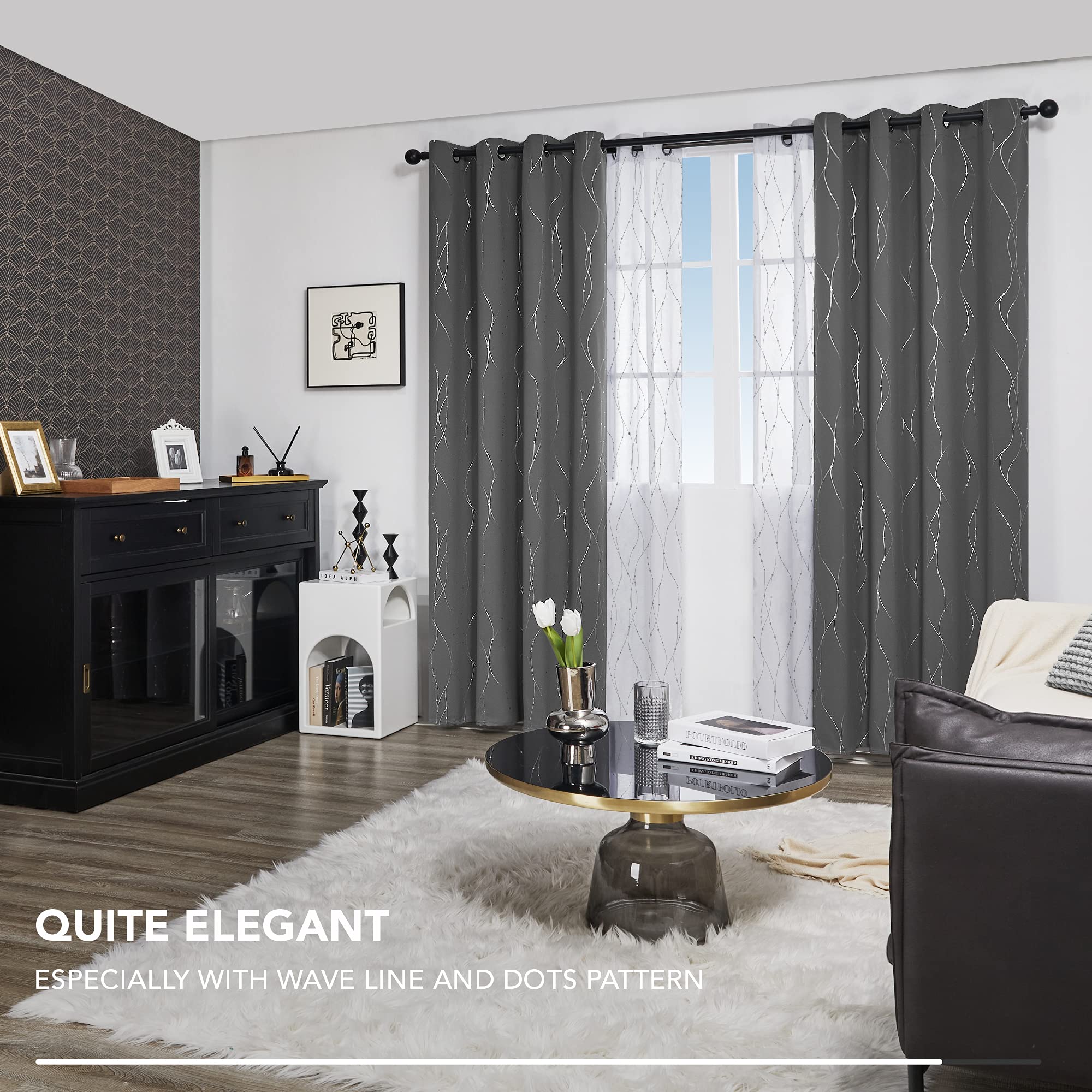 Deconovo silver foil print curtains add metallic detail and light diffusion.
