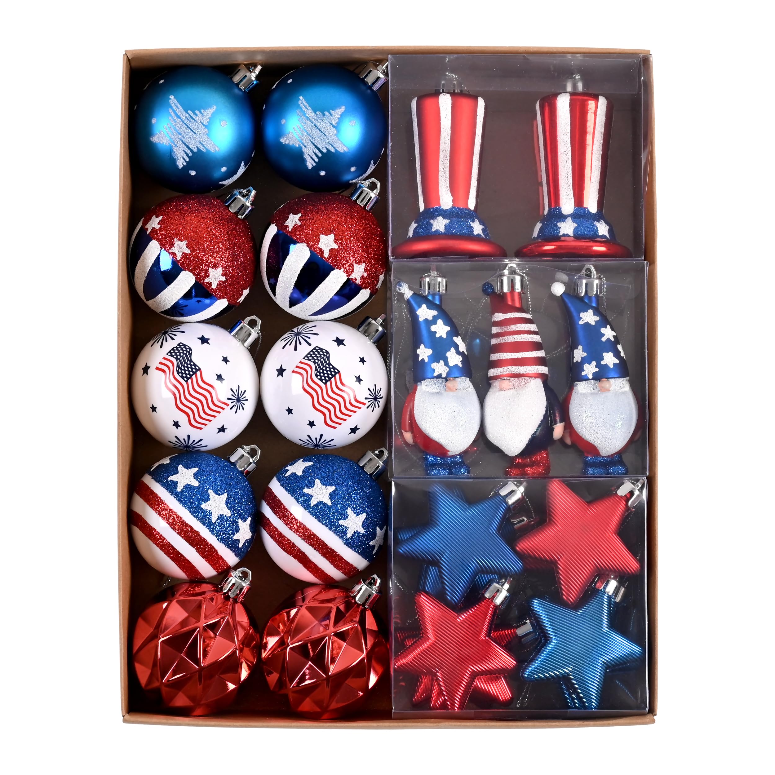 Decor by Hannah patriotic ornaments collection in red, white and blue for festive displays.