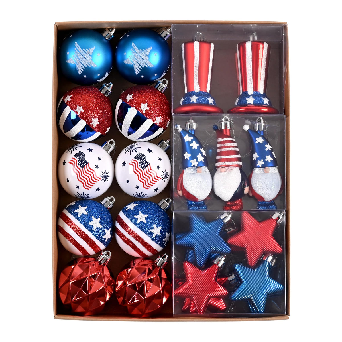 Decor by Hannah patriotic ornaments collection in red, white and blue for festive displays.