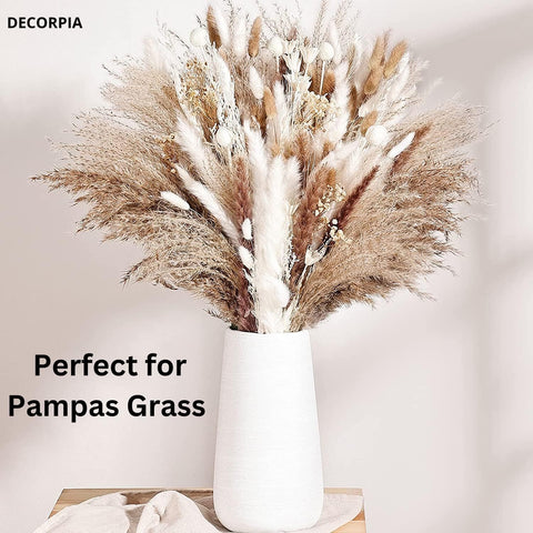 Decorpia pampas vase white enhances dried floral displays with boho charm.