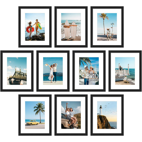 decorUhome 8x10 frame set with 10 black frames for a cohesive wall collage and easy display.