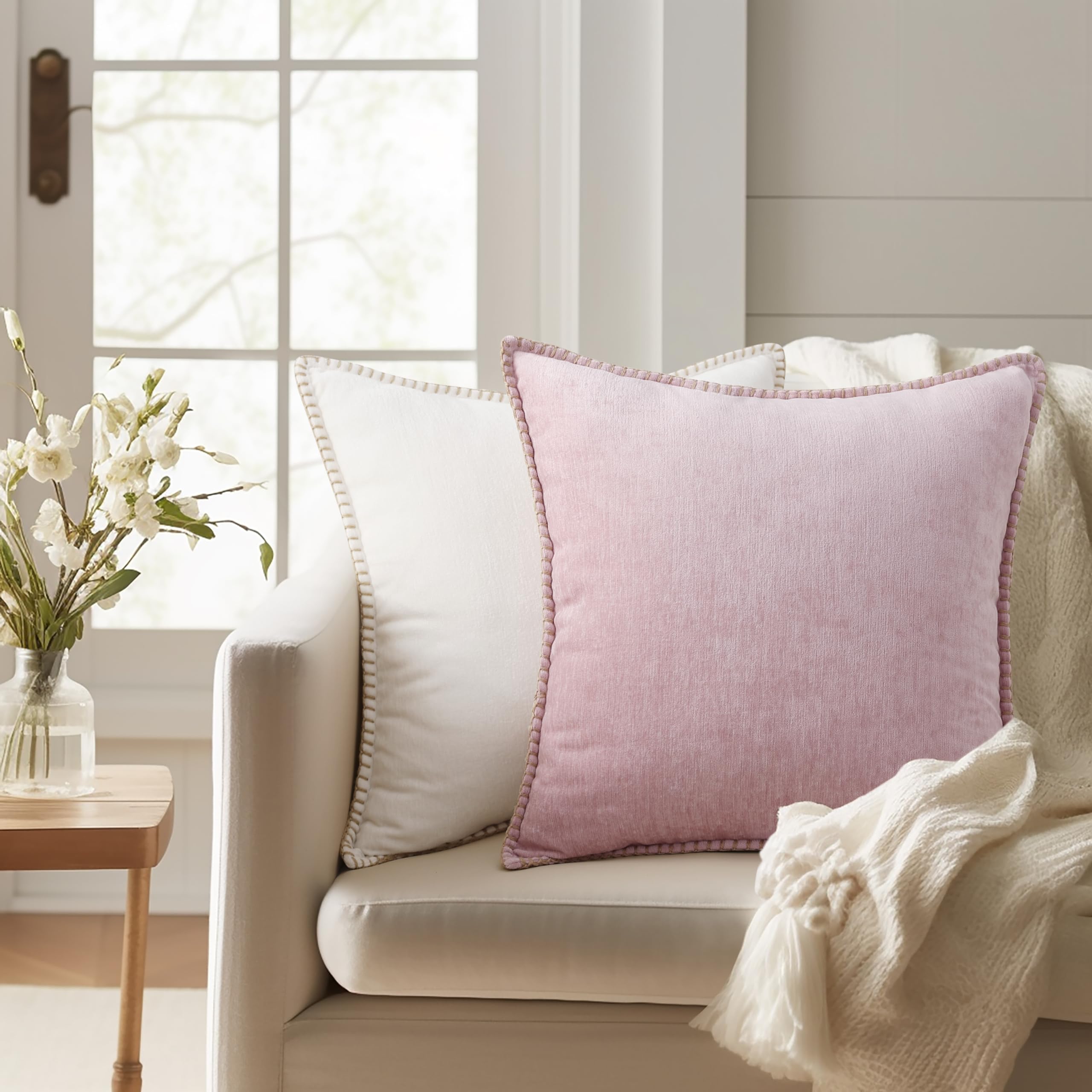 DecorUhome Brown linen stitching edge detail adds modern farmhouse charm
