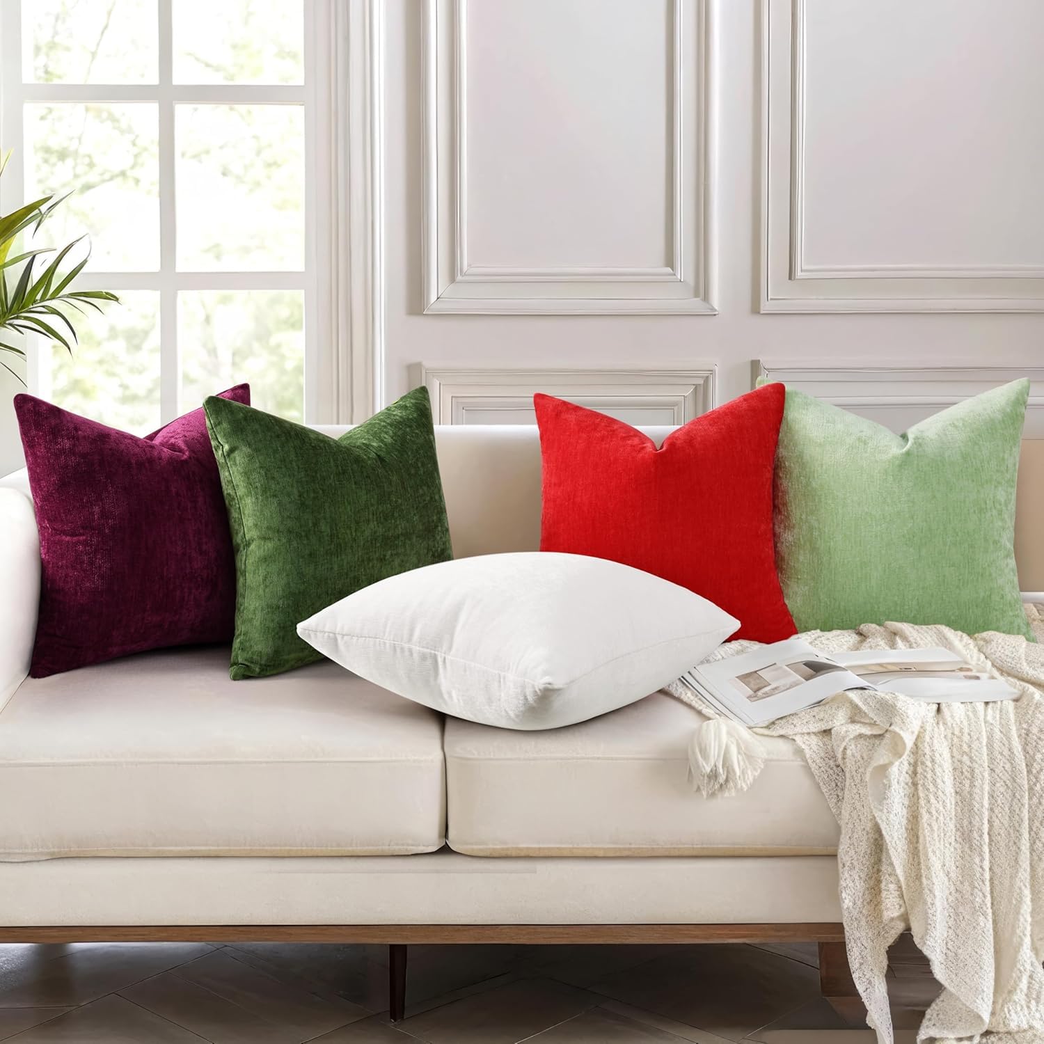close-up of decoruhome chenille moss green pillow cover showing plush fibers