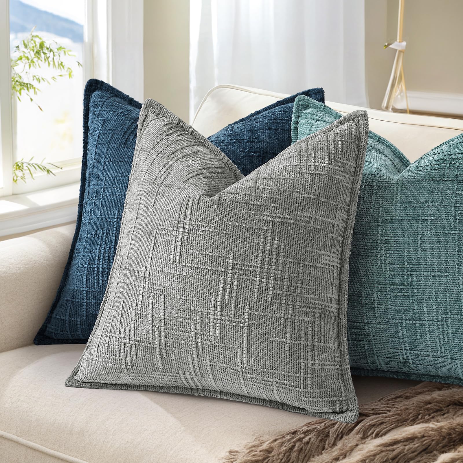 Bedroom ambience enhanced by DecorUhome navy blue cushion cover's refined texture.