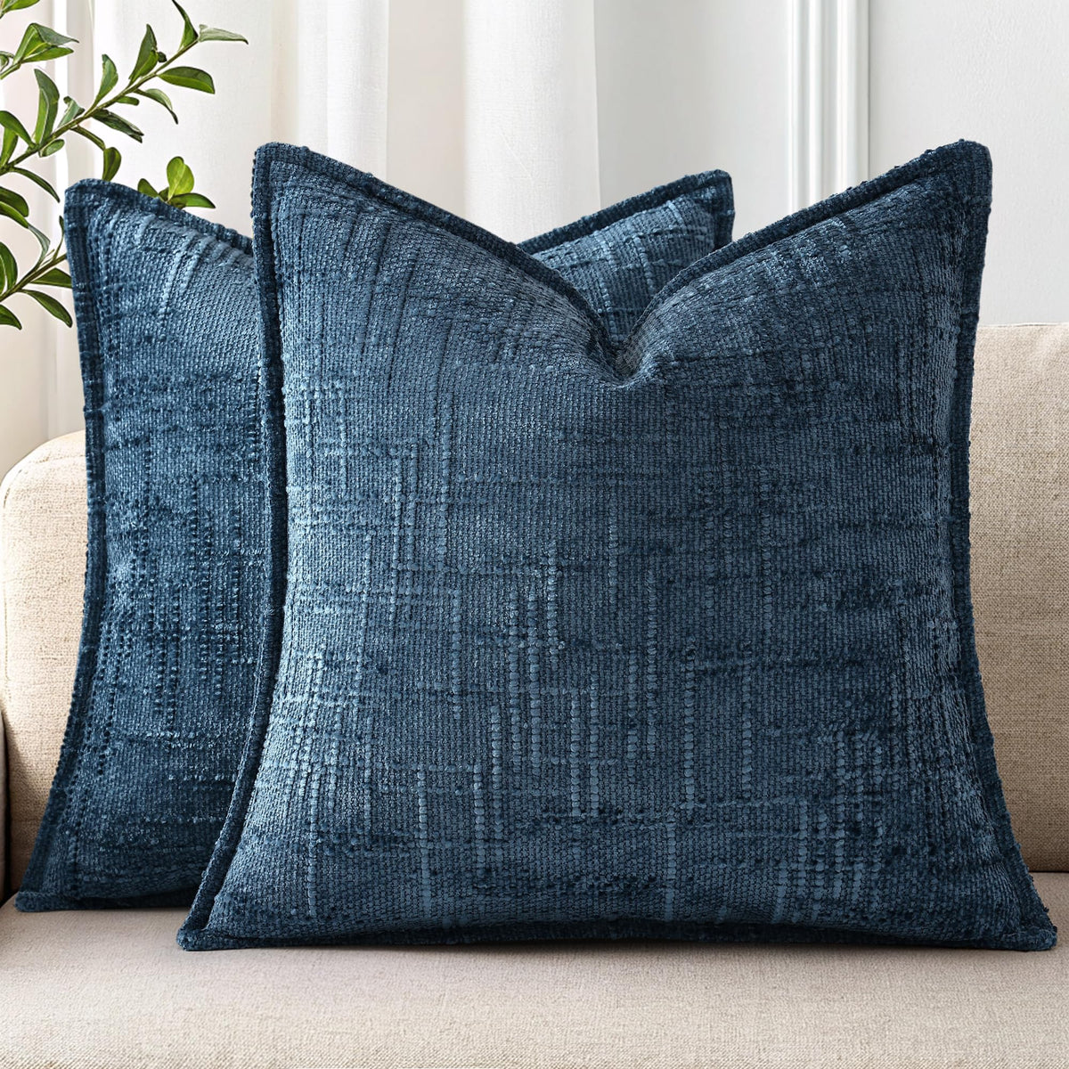 DecorUhome chenille pillow cover 18x18 on a sofa adds plush navy texture.