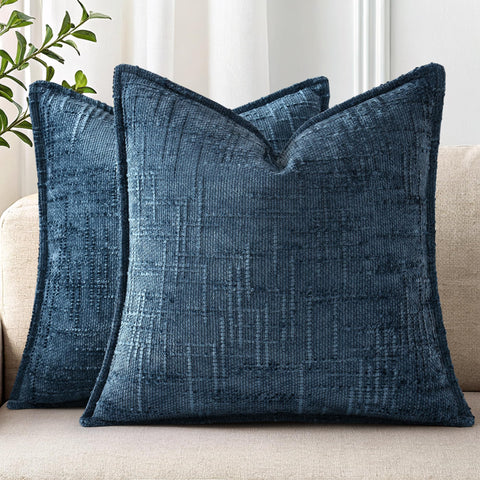 DecorUhome chenille pillow cover 18x18 on a sofa adds plush navy texture.
