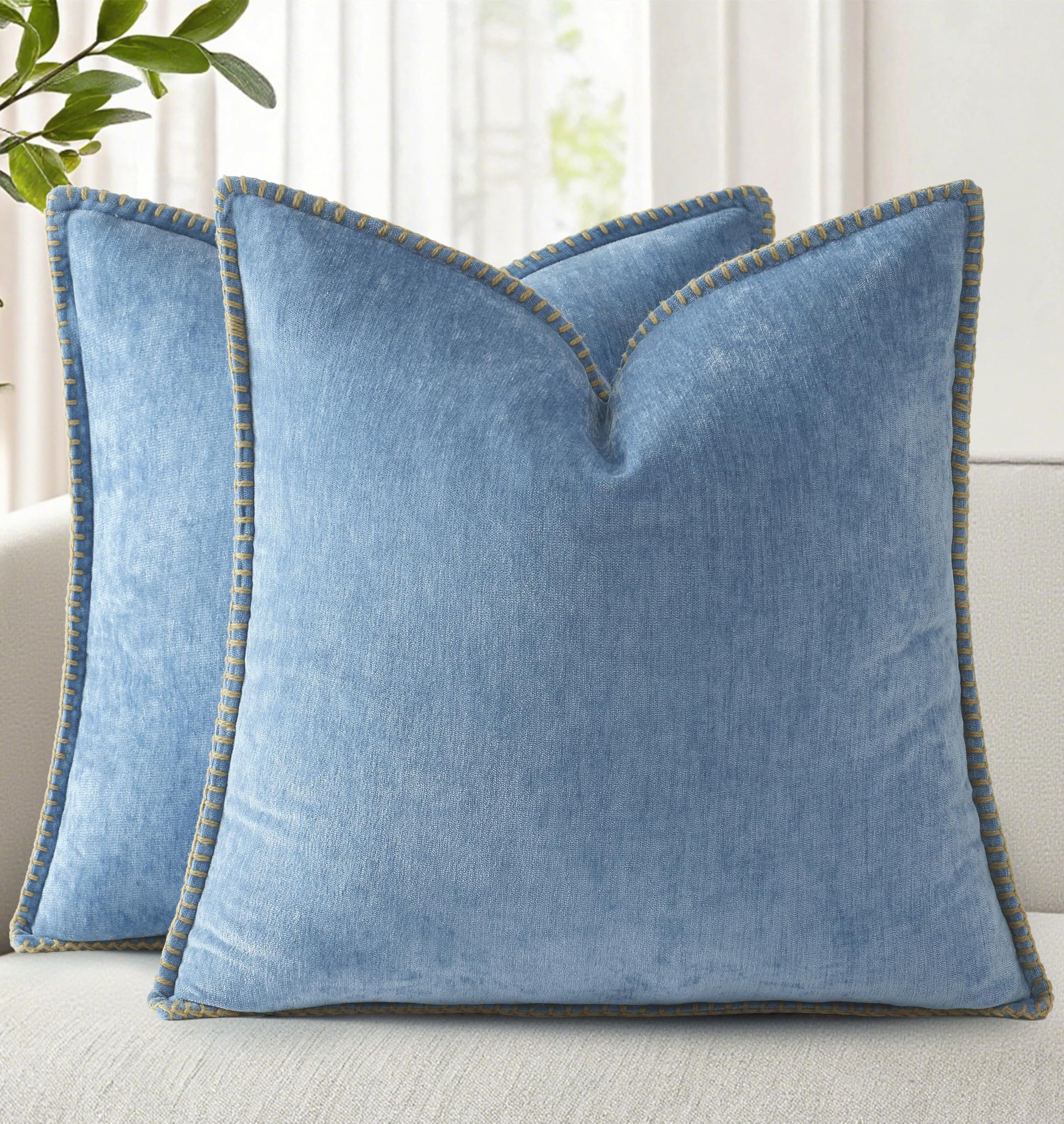 decorUhome chenille blue throw pillow cover on a stylish sofa, 20x20, soft texture.