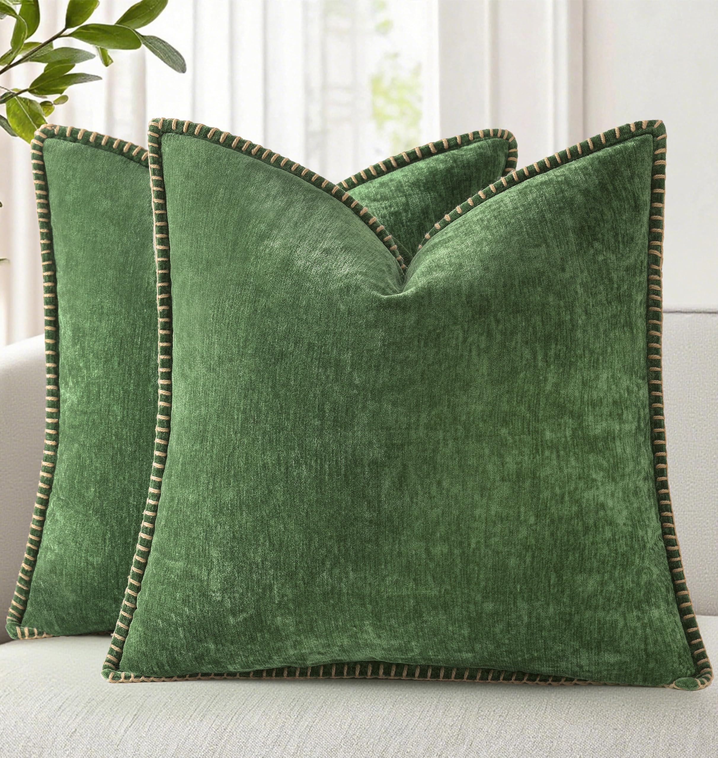 decorUhome forest green chenille pillow cover - front view, soft texture for cozy seating