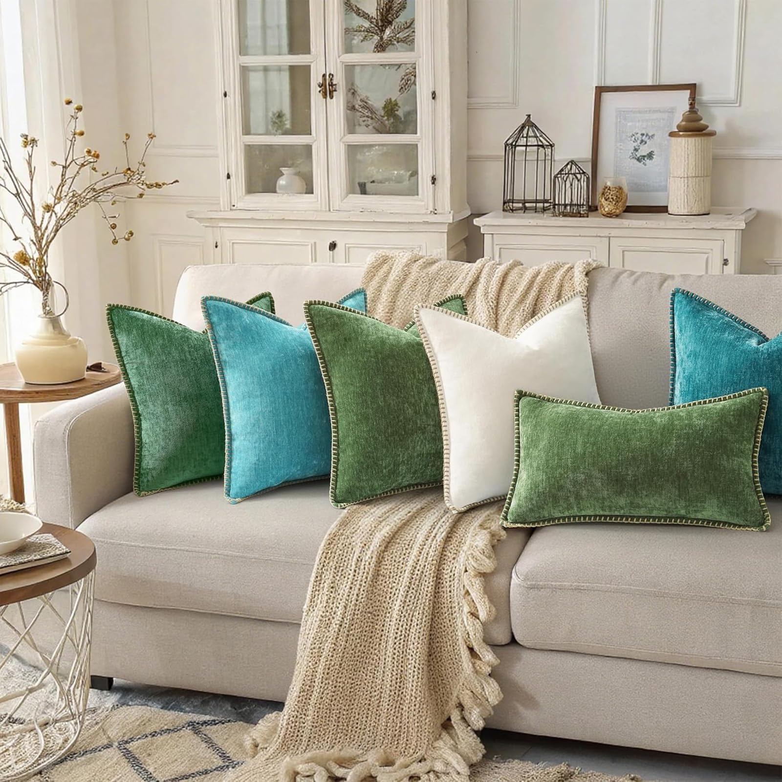 decorUhome forest green pillow cover on sofa adds modern farmhouse charm