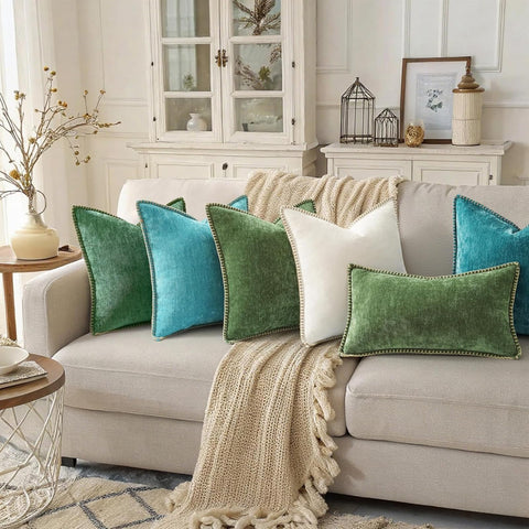 decorUhome forest green pillow cover on sofa adds modern farmhouse charm