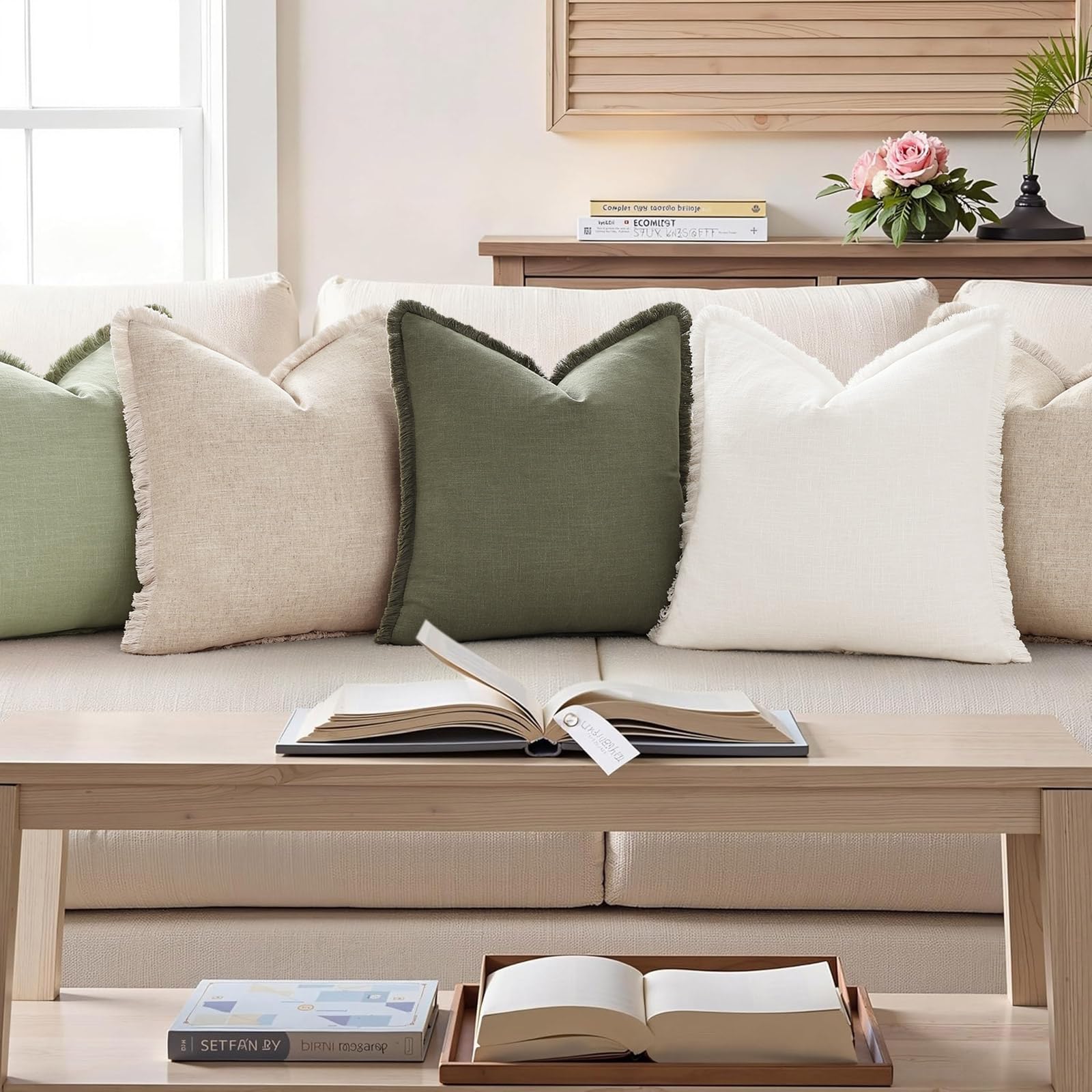 decorUhome cozy beige pillow cover enhances living room ambiance.