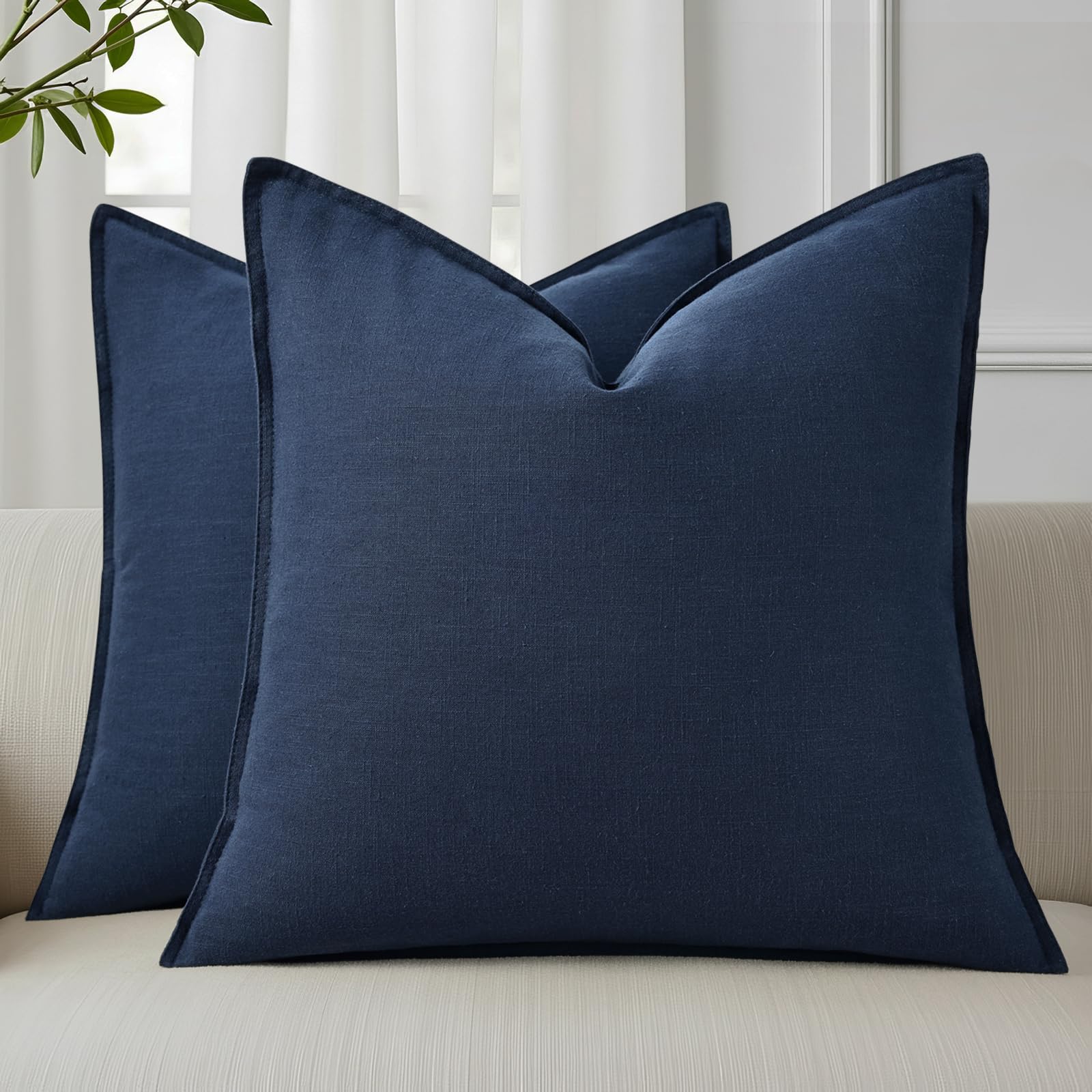 decorUhome navy linen pillow cover with flange edge enhances farmhouse-style sofa decor