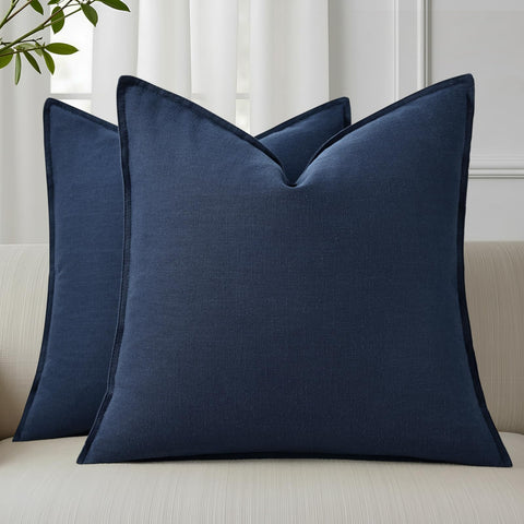 decorUhome navy linen pillow cover with flange edge enhances farmhouse-style sofa decor